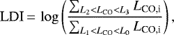 Mathematical equation: \begin{equation*}\textrm{LDI} \,{=}\, \log \left(\frac{\sum_{L_2<L_{\textrm{CO}}<L_3} L_{\textrm{CO,i}}}{\sum_{L_1<L_{\textrm{CO}}<L_0} L_{\textrm{CO,i}}} \right),\end{equation*}