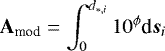 Mathematical equation: \begin{equation*} \mathbf{A_{\textrm{mod}}} = \int^{d_{\ast, i}}_{0} 10^{\phi} \textrm{d}\vec{s}_i \end{equation*}