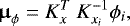 Mathematical equation: \begin{equation*} \vec{\upmu}_{\phi} = K^{T}_x\ K^{-1}_{x_i} \phi_i ,\end{equation*}
