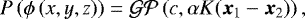 Mathematical equation: \begin{equation*} P\left(\phi\left(x,y,z\right)\right) = \mathcal{GP}\left(c, \alpha K(\vec{x}_{1}-\vec{x}_{2})\right),\end{equation*}