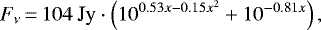 Mathematical equation: \begin{equation*}F_{\nu}\,{=}\,104~\textrm{Jy} \cdot \left(10^{0.53x-0.15x^2} + 10^{-0.81x} \right),\end{equation*}