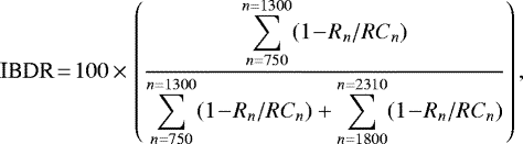 Mathematical equation: \begin{equation*} \textrm{IBDR}\!=\! 100\,{\times}\,\left(\frac{\displaystyle\sum_{n=750}^{n=1300}(1\!-\!R_n/RC_n)}{\displaystyle\sum_{n=750}^{n=1300}(1\!-\!R_n/RC_n)+\displaystyle\sum_{n=1800}^{n=2310}(1\!-\!R_n/RC_n)}\right),\end{equation*}