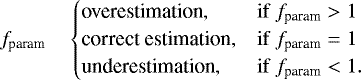 Mathematical equation: \begin{equation*}f_{\textrm{param}}\quad\begin{cases}\textrm{overestimation},& \mathrm{if}\ f_{\textrm{param}} > 1\\\textrm{correct estimation},& \mathrm{if}\ f_{\textrm{param}} = 1\\\textrm{underestimation},& \mathrm{if}\ f_{\textrm{param}} < 1 .\end{cases}\end{equation*}