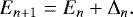 Mathematical equation: \begin{equation*} E_{n+1} = E_n +\Delta_n.\end{equation*}