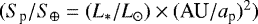 Mathematical equation: $ (S_{\textrm{p}}/S_{\oplus}= (L_{*}/L_{\odot})\times (\textrm{AU}/a_{\textrm{p}}){}^{2})$