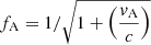 Mathematical equation: $ f_{\mathrm{A}}=1/\sqrt{1+\left(\frac{\mathit{v}_{\mathrm{A}}}{c}\right)} $