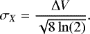 Mathematical equation: \begin{equation*} \sigma_X = \frac{\Delta V}{\sqrt{8\ln(2)}} .\end{equation*}