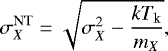 Mathematical equation: \begin{equation*} \sigma_X^{\textrm{NT}} =\sqrt{ \sigma_X^2-\frac{kT_{\textrm{k}}}{m_X}} ,\end{equation*}