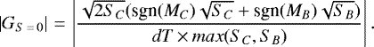 Mathematical equation: \begin{equation*} \left| G_{S\,{=}\,0} \right|\,{=}\, \left| {\frac{\sqrt{2S_C}(\textrm{sgn}(M_C)\sqrt{S_C}+\textrm{sgn}(M_B)\sqrt{S_B})}{dT\,{\times}\,max(S_C,S_B)}} \right|. \end{equation*}