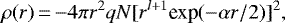 Mathematical equation: \begin{equation*} \rho(r) \,{=}\, {-}4\pi r^{2} q N [r^{l+1}\textrm{exp}(-\alpha r/2)]^{2},\end{equation*}