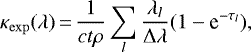 Mathematical equation: \begin{equation*}\kappa_{\rm{exp}}(\lambda) \,{=}\, \frac{1}{ct\rho}\sum_{l}\frac{\lambda_{l}}{\Delta \lambda}(1 - \textrm{e}^{-\tau_{l}}), \end{equation*}