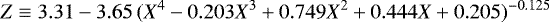 Mathematical equation: \begin{equation*}Z \equiv 3.31 - 3.65 \, (X^4 - 0.203 X^3 + 0.749 X^2 + 0.444 X + 0.205)^{-0.125} \nonumber\end{equation*}