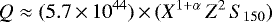 Mathematical equation: \begin{equation*}Q \approx (5.7 \,{\times}\, 10^{44}) \,{\times}\, (X^{1+\alpha} \, Z^2 \, S_{150})\end{equation*}