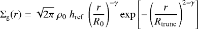 Mathematical equation: \begin{equation*}\Sigma_{\textrm{g}}(r) = \sqrt{2\pi}\;\rho_0\;h_{\textrm{ref}}\;\left(\frac{r}{R_0}\right)^{-\gamma} \exp \left[-\left(\frac{r}{R_{\textrm{trunc}}}\right)^{2-\gamma}\right]\end{equation*}