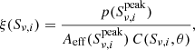 Mathematical equation: $$ \begin{aligned} \xi (S_{\nu ,i}) = \frac{p(S_{\nu ,i}^\mathrm{peak})}{A_{\rm eff}(S_{\nu ,i}^\mathrm{peak})\,C(S_{\nu ,i},\theta )}, \end{aligned} $$
