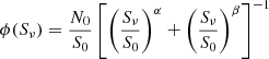 Mathematical equation: $$ \begin{aligned} \phi (S_{\nu }) = \frac{N_0}{S_0}\left[\left(\frac{S_{\nu }}{S_0} \right)^\alpha + \left(\frac{S_{\nu }}{S_0}\right)^\beta \right]^{-1} \end{aligned} $$