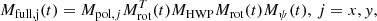 Mathematical equation: $$ \begin{aligned} M_{\rm full,j}(t)= M_{\mathrm{pol},j}M_{\rm rot}^{T}(t)M_{\rm HWP}M_{\rm rot}(t)M_\psi (t),\,j=x,{ y}, \end{aligned} $$