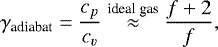 Mathematical equation: \begin{align*} \gamma_{\text{adiabat}} = \frac{c_p}{c_v} \stackrel{\text{ideal gas}}{\approx} \frac{f+2}{f},\end{align*}
