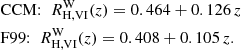 Mathematical equation: $$ \begin{aligned}&\mathrm{CCM}{:}\;\;R^\mathrm{W}_{\mathrm{H,VI} }(z) = 0.464 + 0.126\, z \nonumber \\&\mathrm{F99}{:}\;\;R^\mathrm{W}_{\mathrm{H,VI} }(z) = 0.408 + 0.105\, z. \end{aligned} $$