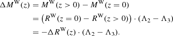 Mathematical equation: $$ \begin{aligned} \Delta M^\mathrm{W}(z)&= M^\mathrm{W}(z > 0) - M^\mathrm{W}(z = 0) \nonumber \\&= \left(R^\mathrm{W}(z = 0) - R^\mathrm{W}(z > 0)\right)\cdot (\Lambda _2 - \Lambda _3) \nonumber \\&= - \Delta R^\mathrm{W}(z) \cdot (\Lambda _2 - \Lambda _3). \end{aligned} $$