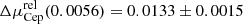 Mathematical equation: $ \Delta\mu^{\mathrm{rel}}_{\mathrm{Cep}}(0.0056) = 0.0133 \pm 0.0015 $