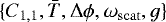Mathematical equation: $\{C_{\mathrm{1,1}}, \bar{T}, \Delta\phi, \omega_{\mathrm{scat}}, g\}$