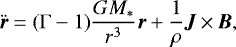 Mathematical equation: \begin{equation*} \boldsymbol{\ddot{r}}=(\Gamma-1)\frac{GM_{*}}{r^{3}}\boldsymbol{r}+\frac{1}{\rho}\boldsymbol{J}\,{\times}\,\boldsymbol{B}, \end{equation*}