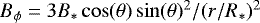 Mathematical equation: $B_{\phi}=3B_{*}\cos(\theta)\sin(\theta)^{2}/(r/R_{*})^{2}$