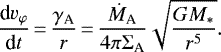 Mathematical equation: \begin{equation*}\frac {\textrm{d}v_{\varphi}}{\textrm{d}t}\,{=}\, \frac {\gamma_{\textrm{A}}} {r}\,{=}\, \frac {\dot M_{\textrm{A}}} {4\pi\Sigma_{\textrm{A}}}\sqrt {GM_*\over r^5}.\end{equation*}