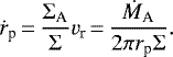 Mathematical equation: \begin{equation*}{\dot r_{\textrm{p}}}\,{=}\,\frac{\Sigma_{\textrm{A}}}{\Sigma} v_{\textrm{r}}\,{=}\,\frac{\dot M_{\textrm{A}}}{2 \pi r_{\textrm{p}} \Sigma}.\end{equation*}