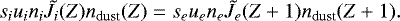 Mathematical equation: \begin{equation*}s_i u_i n_i \tilde{J}_i(Z) n_{\textrm{dust}}(Z) = s_e u_e n_e \tilde{J}_e(Z+1) n_{\textrm{dust}}(Z+1).\end{equation*}