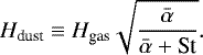 Mathematical equation: \begin{equation*}H_{\textrm{dust}} \equiv H_{\textrm{gas}} \sqrt{\frac{\bar{\alpha}}{\bar{\alpha} + \textrm{St}}}.\end{equation*}