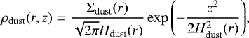 Mathematical equation: \begin{equation*}\rho_{\textrm{dust}}(r,z) = \frac{\Sigma_{\textrm{dust}}(r)}{\sqrt{2 \pi} H_{\textrm{dust}}(r)} \exp{\left(-\frac{z^2}{2 H^{2}_{\textrm{dust}}(r)}\right)},\end{equation*}