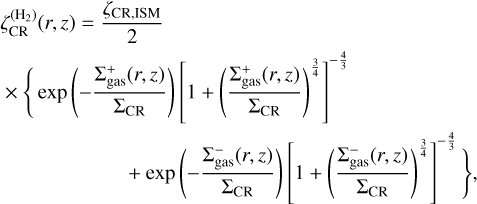 Mathematical equation: \begin{multline*}\zeta^{(\textrm{H}_2)}_{\textrm{CR}}(r,z) = \frac{\zeta_{\textrm{CR,ISM}}}{2} \\\times \Bigg\{\exp{\left(-\frac{\Sigma_{\textrm{gas}}^{+}(r,z)}{\Sigma_{\textrm{CR}}}\right)} \left[1+\left(\frac{\Sigma_{\textrm{gas}}^{+}(r,z)}{\Sigma_{\textrm{CR}}}\right){}^{\frac{3}{4}}\right]^{-\frac{4}{3}} \\ +\exp{\left(-\frac{\Sigma_{\textrm{gas}}^{-}(r,z)}{\Sigma_{\textrm{CR}}}\right)} \left[1+\left(\frac{\Sigma_{\textrm{gas}}^{-}(r,z)}{\Sigma_{\textrm{CR}}}\right){}^{\frac{3}{4}}\right]^{-\frac{4}{3}} \Bigg\},\end{multline*}