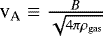 Mathematical equation: $\textrm{v}_{\textrm{A}} \equiv \frac{B}{\sqrt{4 \pi \rho_{\textrm{gas}}}}$