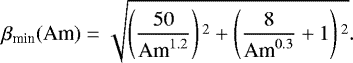 Mathematical equation: \begin{equation*}\beta_{\textrm{min}}(\textrm{Am}) = \sqrt{\left(\frac{50}{\textrm{Am}^{1.2}}\right){}^2 + \left(\frac{8}{\textrm{Am}^{0.3}} + 1\right){}^2}.\end{equation*}