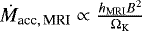 Mathematical equation: $\dot{M}_{{\textrm{acc},\,\textrm{MRI}}} \propto \frac{h_{\textrm{MRI}} B^2}{\Omega_{\textrm{K}}}$