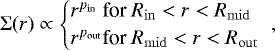 Mathematical equation: \begin{eqnarray*} \Sigma(r) \propto \begin{cases} r^{p_{\mathrm{in}}} \text{ for } R_{\mathrm{in}} < r < R_{\mathrm{mid}} \\ r^{p_{\mathrm{out}}} \text{for } R_{\mathrm{mid}} < r < R_{\mathrm{out}} \end{cases}\!\!\!\! ,\end{eqnarray*}