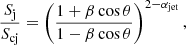 Mathematical equation: $$ \begin{aligned} \frac{ S_{\rm j} }{ S_{\rm cj} } = \left( \frac{1 + \beta \cos \theta }{1 - \beta \cos \theta } \right) ^{2-\alpha _{\rm jet}} ,\end{aligned} $$