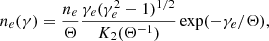 Mathematical equation: $$ \begin{aligned} n_e(\gamma )= {\frac{n_e}{\Theta }} \frac{\gamma _e (\gamma _e^2 -1)^{1/2}}{K_2(\Theta ^{-1})} \exp (-\gamma _e/\Theta ), \end{aligned} $$