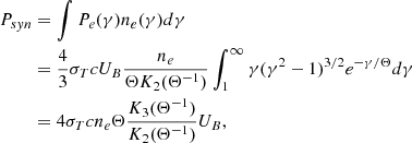 Mathematical equation: $$ \begin{aligned} P_{syn}&= \int P_e(\gamma )n_e(\gamma )d\gamma \nonumber \\&= \frac{4}{3}\sigma _T c U_B \frac{n_e}{\Theta K_2(\Theta ^{-1})} \int _1^\infty \gamma (\gamma ^2 -1)^{3/2}e^{-\gamma /\Theta }d\gamma \nonumber \\&= 4 \sigma _T c n_e \Theta \frac{K_3(\Theta ^{-1})}{K_2(\Theta ^{-1})} U_B, \end{aligned} $$