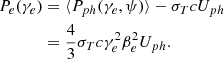 Mathematical equation: $$ \begin{aligned} P_e(\gamma _e)&= \langle P_{ph}(\gamma _e,\psi ) \rangle - \sigma _T c U_{ph} \nonumber \\&= \frac{4}{3}\sigma _T c \gamma _e^2\beta _e^2 U_{ph}. \end{aligned} $$
