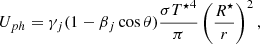 Mathematical equation: $$ \begin{aligned} U_{ph} = \gamma _j (1-\beta _j\cos \theta )\frac{\sigma {T^\star }^4}{\pi }\left(\frac{R^\star }{r}\right)^2, \end{aligned} $$