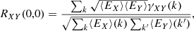 Mathematical equation: $$ \begin{aligned} R_{XY}(0,0) = \frac{\sum _{k}{\sqrt{\langle {E_X}\rangle \langle {E_Y}\rangle }\gamma _{XY}}(k)}{\sqrt{\sum _k\langle {E_X\rangle (k)}\sum _{k^{\prime }}\langle {E_Y\rangle (k^{\prime })}}}, \end{aligned} $$
