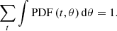 Mathematical equation: $$ \begin{aligned} \sum _t \int \mathrm{PDF}\,(t,\theta )\,\mathrm{d}\theta = 1. \end{aligned} $$