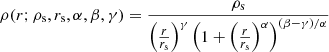 Mathematical equation: $$ \begin{aligned} \rho (r;\rho _{\rm s},r_{\rm s},\alpha ,\beta ,\gamma ) = \frac{\rho _{\rm s}}{{\left(\frac{r}{r_{\rm s}}\right)^\gamma \left(1+\left(\frac{r}{r_{\rm s}}\right)^\alpha \right)^{(\beta -\gamma )/\alpha }}} \end{aligned} $$
