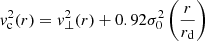 Mathematical equation: $$ \begin{aligned} { v}^2_{\rm c}(r) = { v}_{\perp }^2(r)+0.92\sigma _0^2\left(\frac{r}{r_{\rm d}}\right) \end{aligned} $$