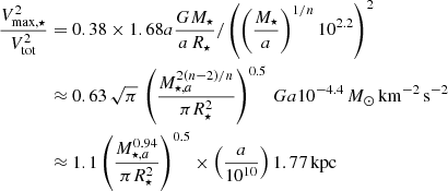 Mathematical equation: $$ \begin{aligned} \frac{V^2_{\mathrm{max},\star }}{V_{\rm tot}^2}&= 0.38 \times 1.68 a \frac{G M_\star }{a\,R_{\star }}/\left(\left(\frac{M_{\star }}{a}\right)^{1/n}10^{2.2}\right)^2\nonumber \\&\approx 0.63\,\sqrt{\pi }\,\left(\frac{M_{\star ,a}^{2(n-2)/n}}{\pi R^2_{\star }}\right)^{0.5}\,G a 10^{-4.4}\,{M_{\odot }\,\mathrm{km}^{-2}\,\mathrm{s}^{-2}}\nonumber \\&\approx 1.1\left(\frac{M_{\star ,a}^{0.94}}{\pi R^2_{\star }}\right)^{0.5}\times \left(\frac{a}{10^{10}}\right) 1.77\,\mathrm{kpc} \end{aligned} $$