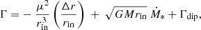 Mathematical equation: $$ \begin{aligned} \Gamma = - \ \frac{\mu ^2}{r_\mathrm{in} ^3} \left(\frac{\Delta r}{r_\mathrm{in} }\right) \ +\ \sqrt{G M r_\mathrm{in} } \ \dot{M}_*+ \Gamma _\mathrm{dip} ,\end{aligned} $$