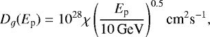 Mathematical equation: \begin{equation*}D_g(E_{\textrm{p}})=10^{28}\chi \left(\frac{E_{\textrm{p}}}{10 \,\textrm{GeV}}\right)^{0.5} \textrm{cm}^2\textrm{s}^{-1}, \end{equation*}